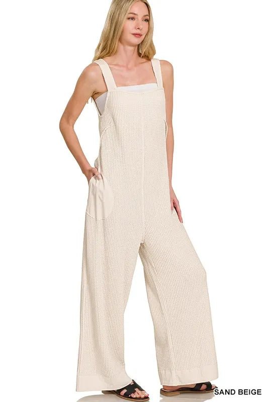 Knit Waffle Wide Leg Overalls With Adjustable Straps - AMVIM