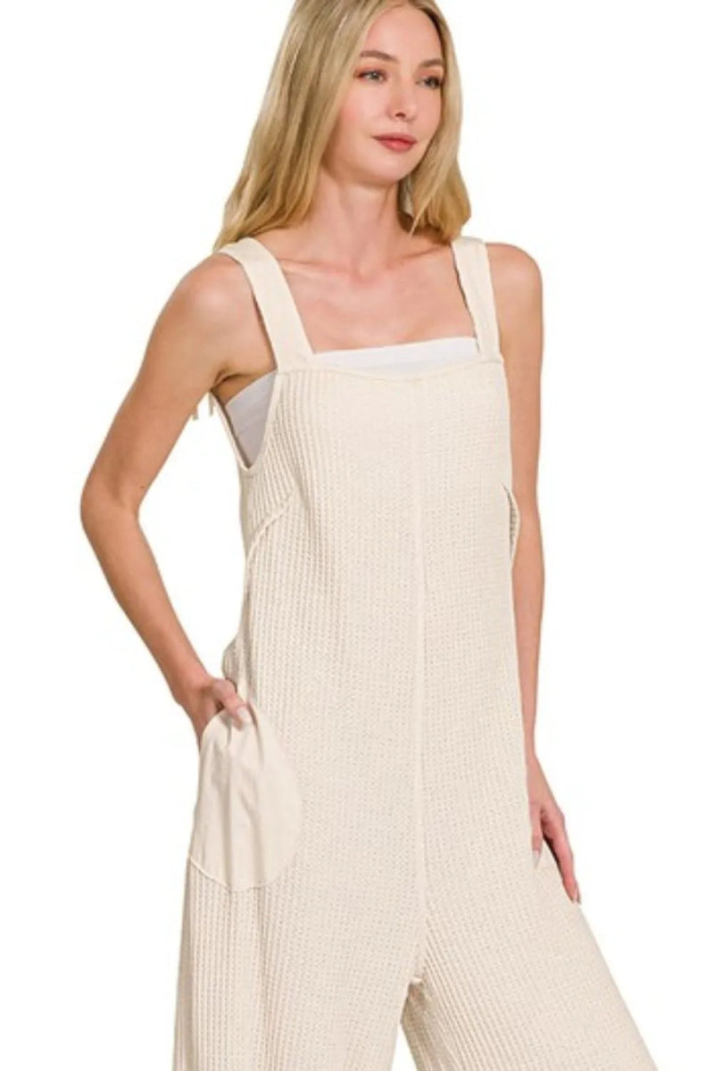 Knit Waffle Wide Leg Overalls With Adjustable Straps - AMVIM
