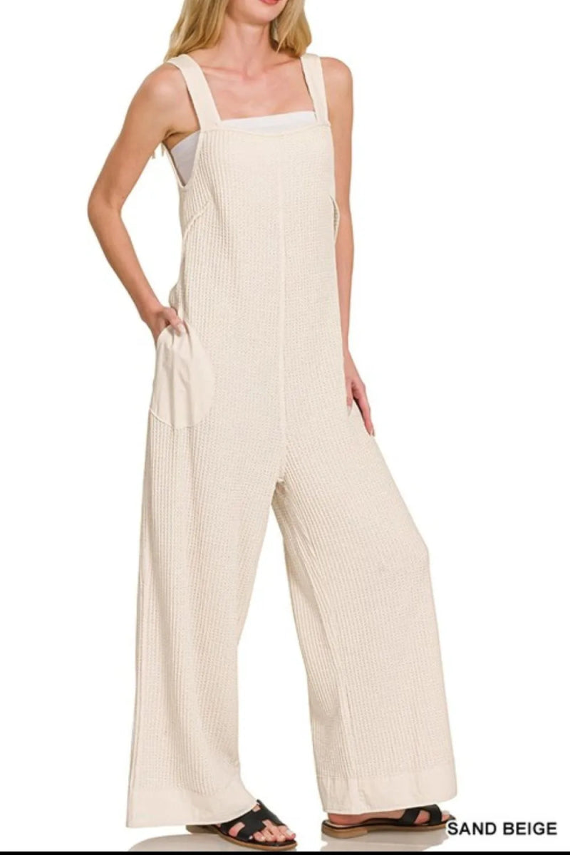 Knit Waffle Wide Leg Overalls With Adjustable Straps - AMVIM