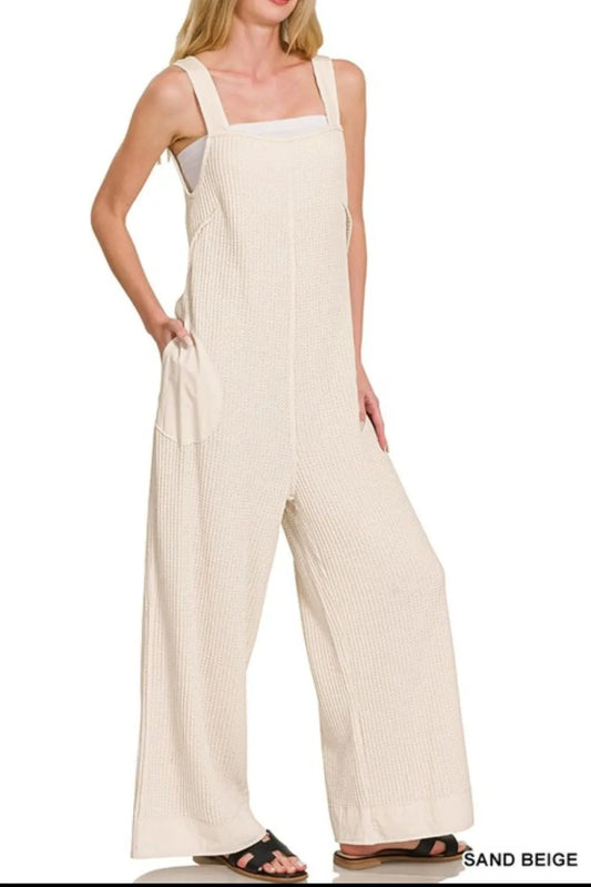 Knit Waffle Wide Leg Overalls With Adjustable Straps - AMVIM