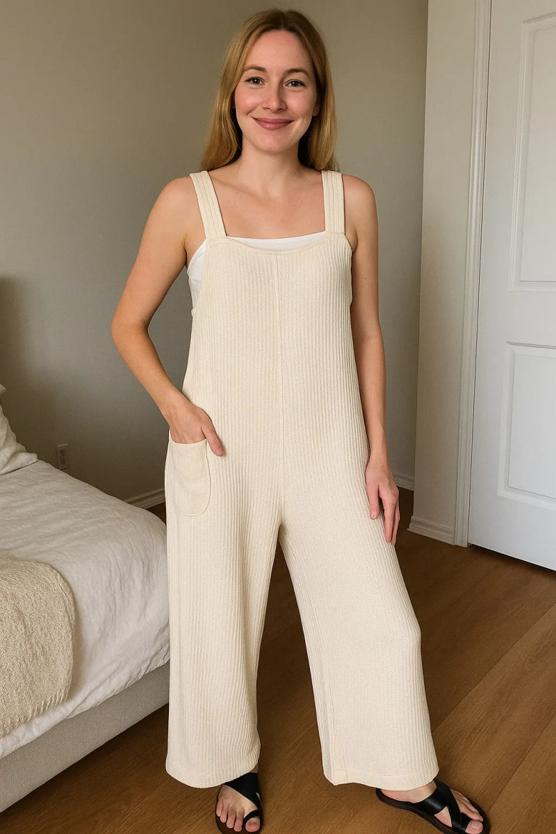 Knit Waffle Wide Leg Overalls With Adjustable Straps - AMVIM