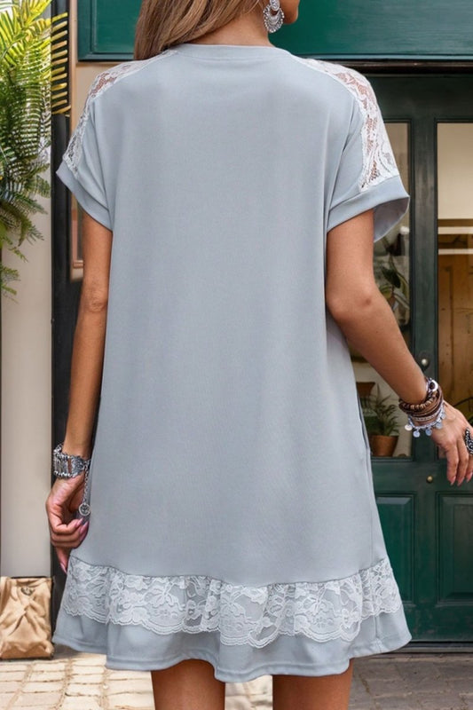 Lace Detail Round Neck Short Sleeve Dress - AMVIM