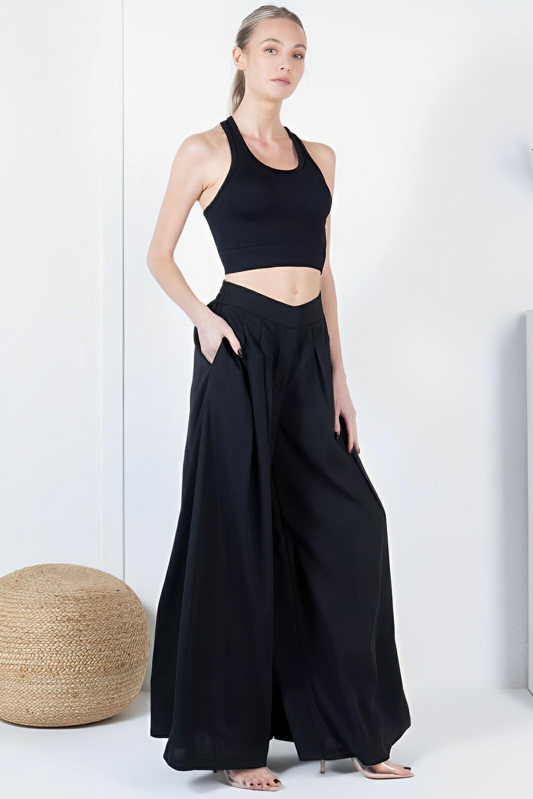 Large Hem Wide Leg Pleated Solid Pants - AMVIM
