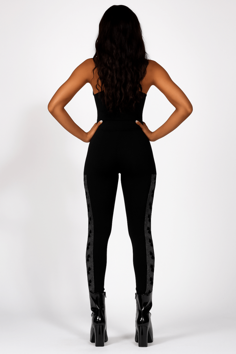 Leggings high waisted mouse ears crystal studded black stretchy - AMVIM