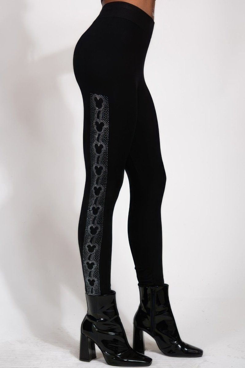 Leggings high waisted mouse ears crystal studded black stretchy - AMVIM