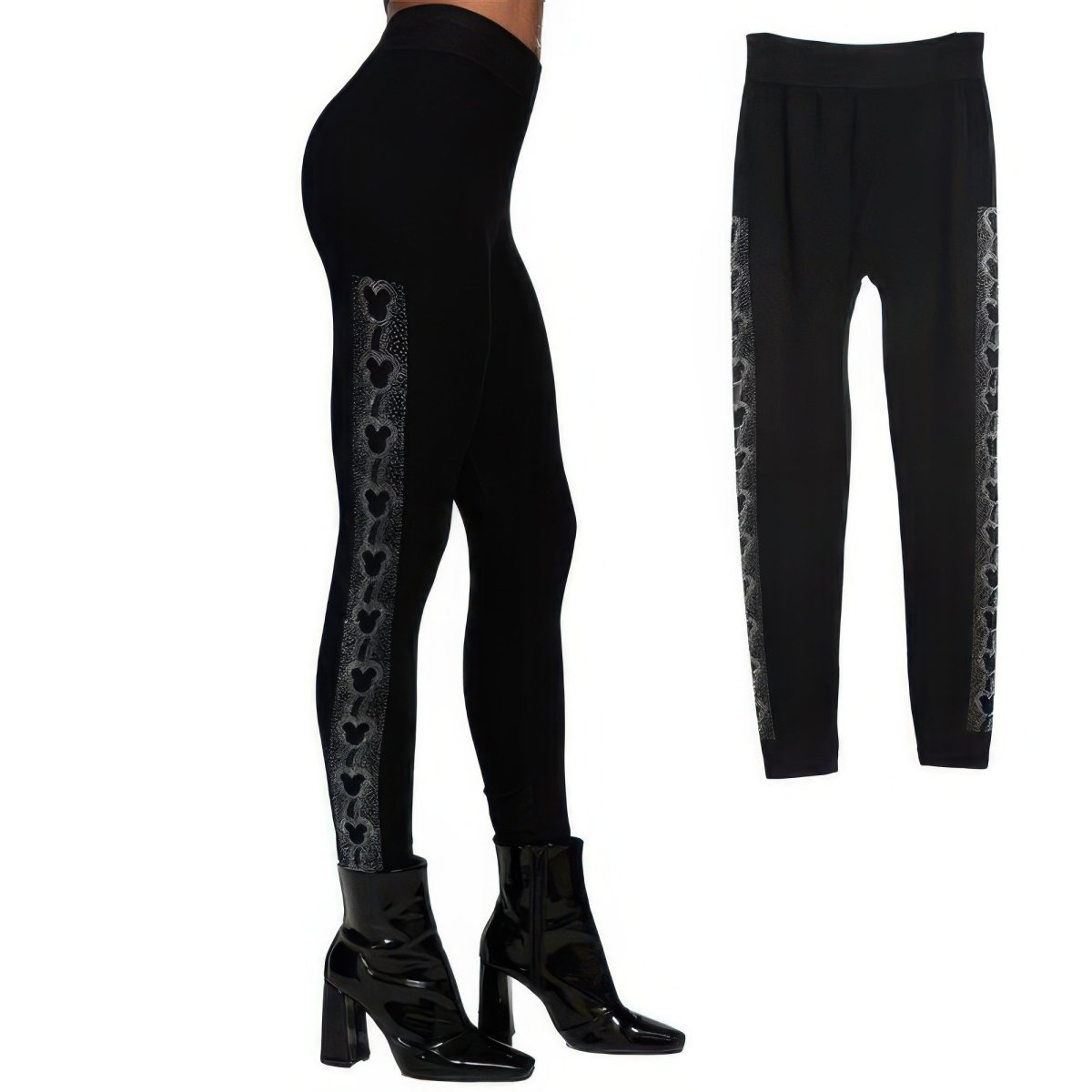 Leggings high waisted mouse ears crystal studded black stretchy - AMVIM