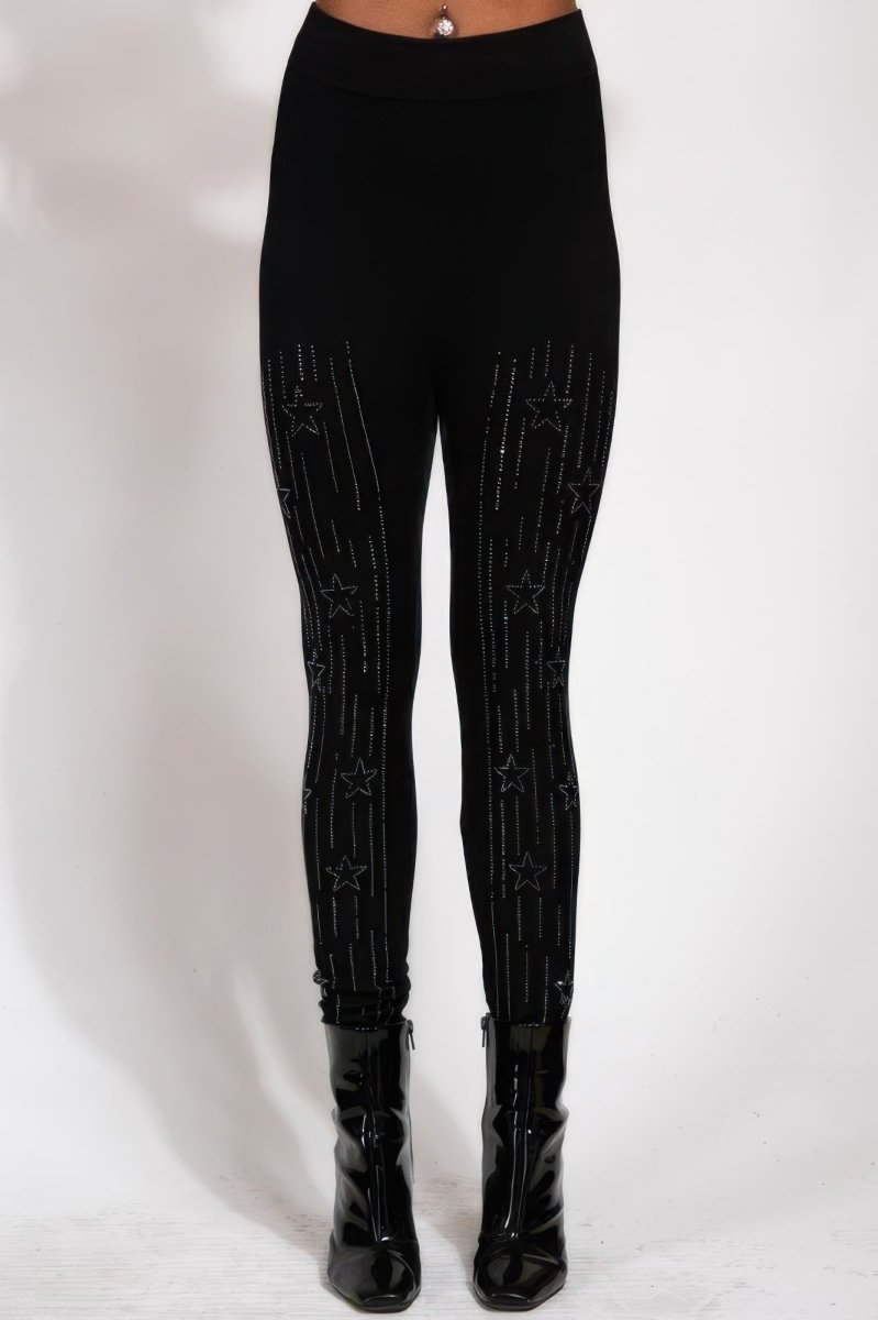 Leggings high waisted stretch rhinestone star detail black - AMVIM