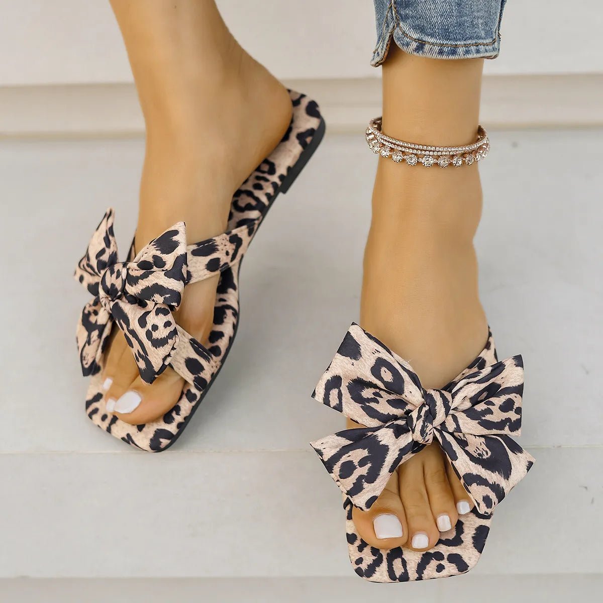 Leopard Bow Slip - On Flat Sandals for Women – Summer Essential - AMVIM
