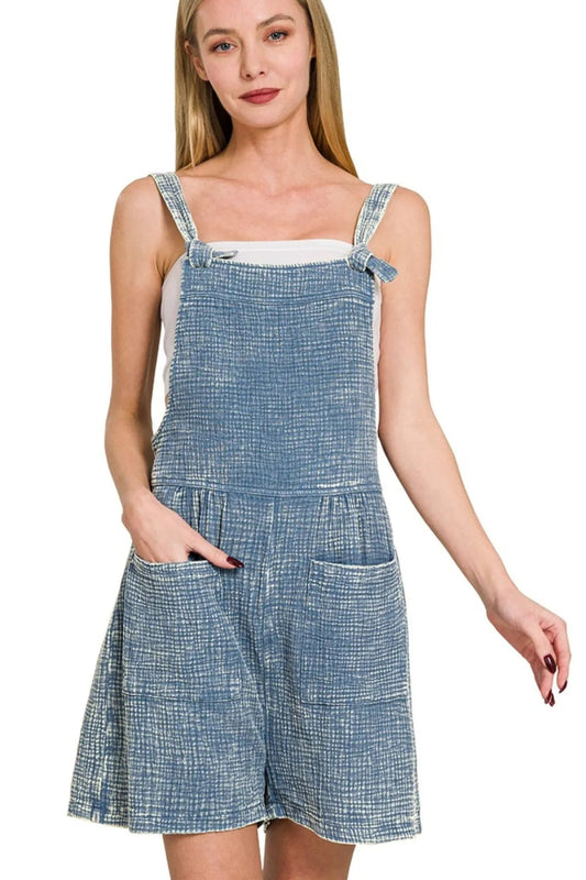 Lightweight smocked denim romper with pockets - AMVIM