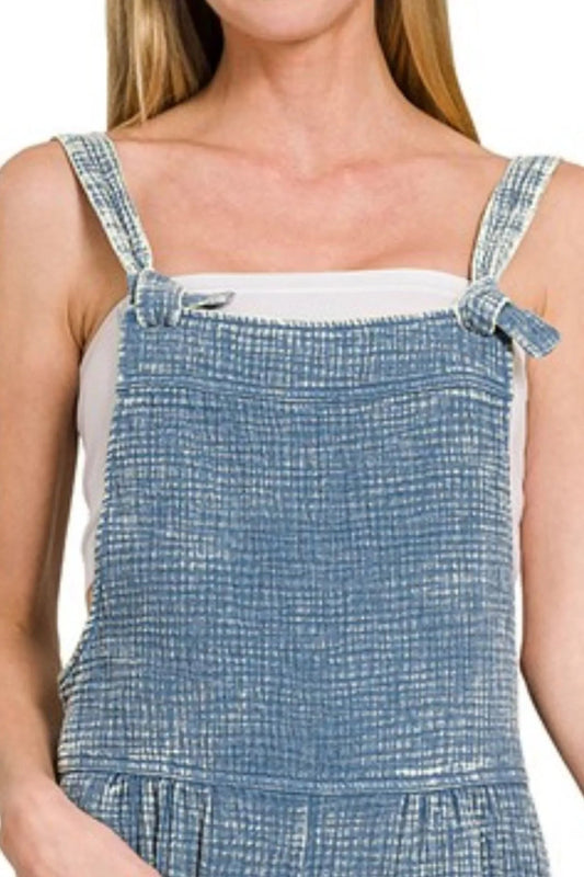 Lightweight smocked denim romper with pockets - AMVIM