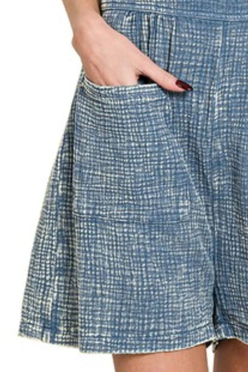 Lightweight smocked denim romper with pockets - AMVIM