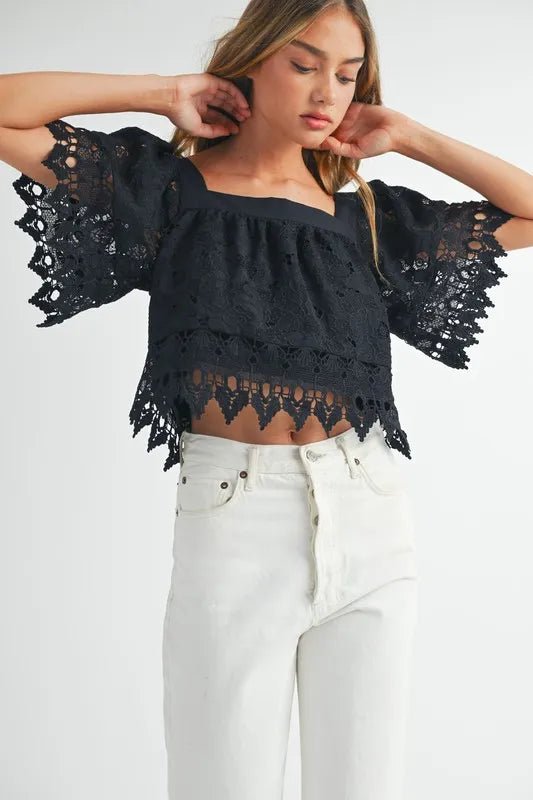 MABLE Square Neck Crochet Lace Top With Double Bow Tie - AMVIM