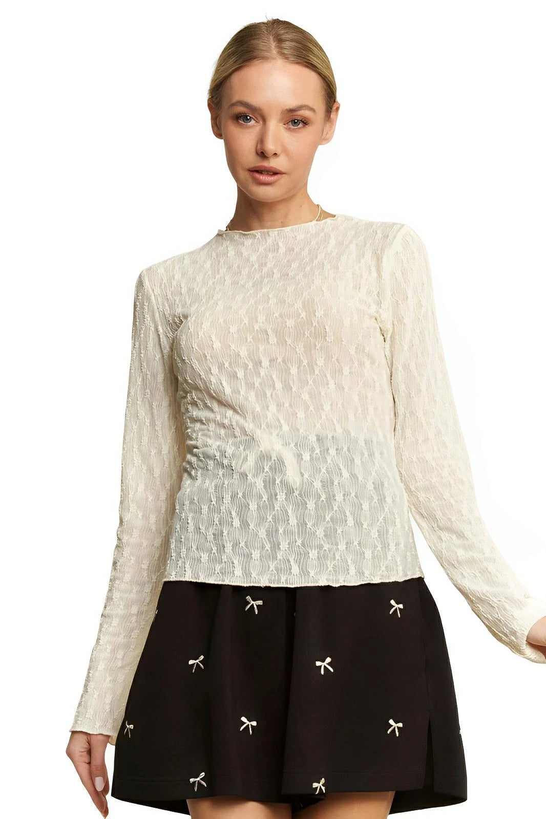 Mock Neck Knit Top With Elegant Textured Detail, Long Sleeve - AMVIM