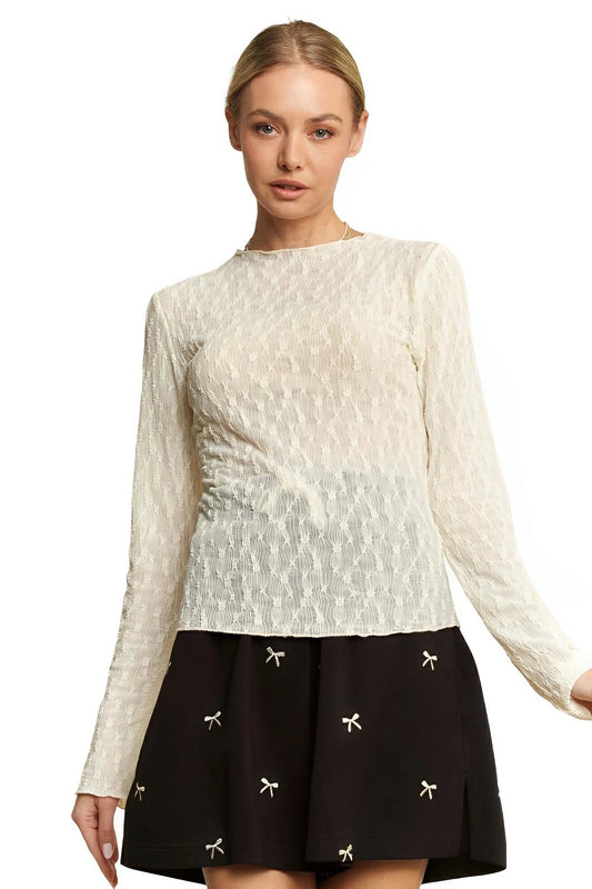 Mock Neck Knit Top With Elegant Textured Detail, Long Sleeve - AMVIM