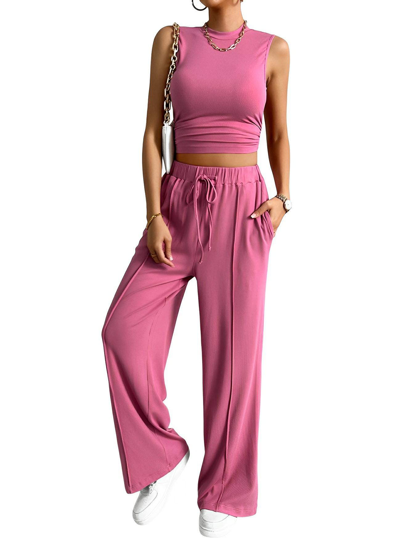 Mock Neck Sleeveless Top and Drawstring Pants Set - AMVIM