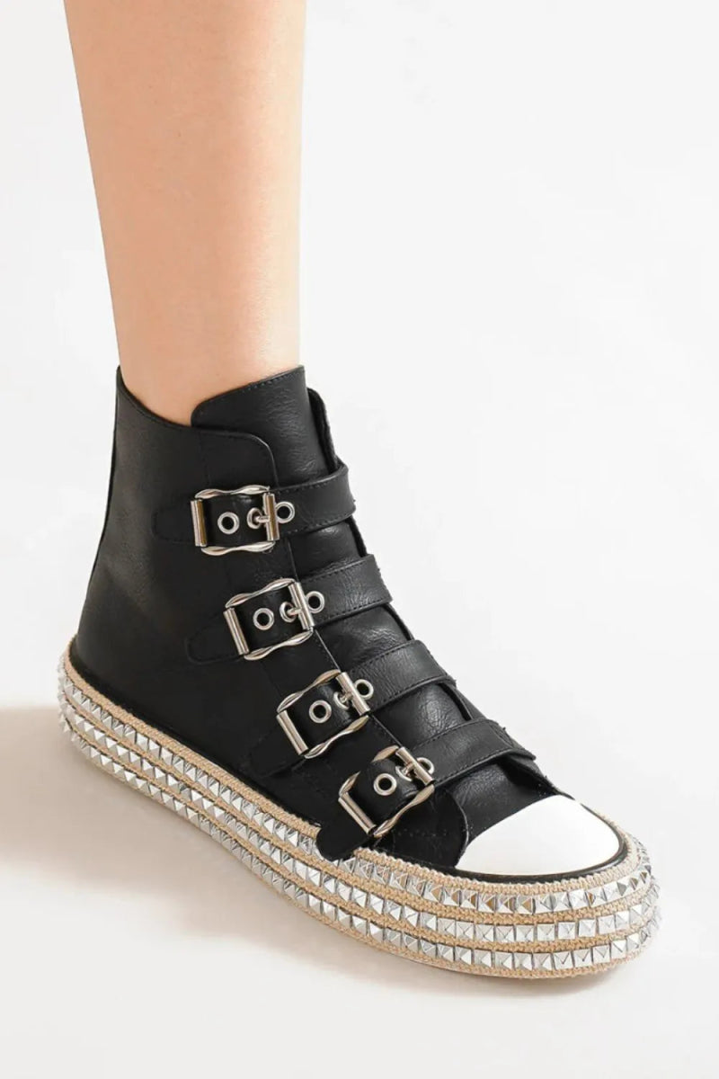 Multi - Buckle Studded Platform Sneakers for Streetwear Edge - AMVIM
