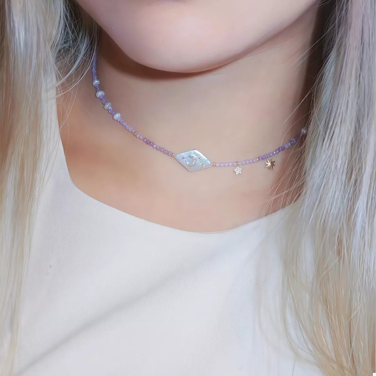 Necklace purple beaded pearl moon star gold plated charm - AMVIM