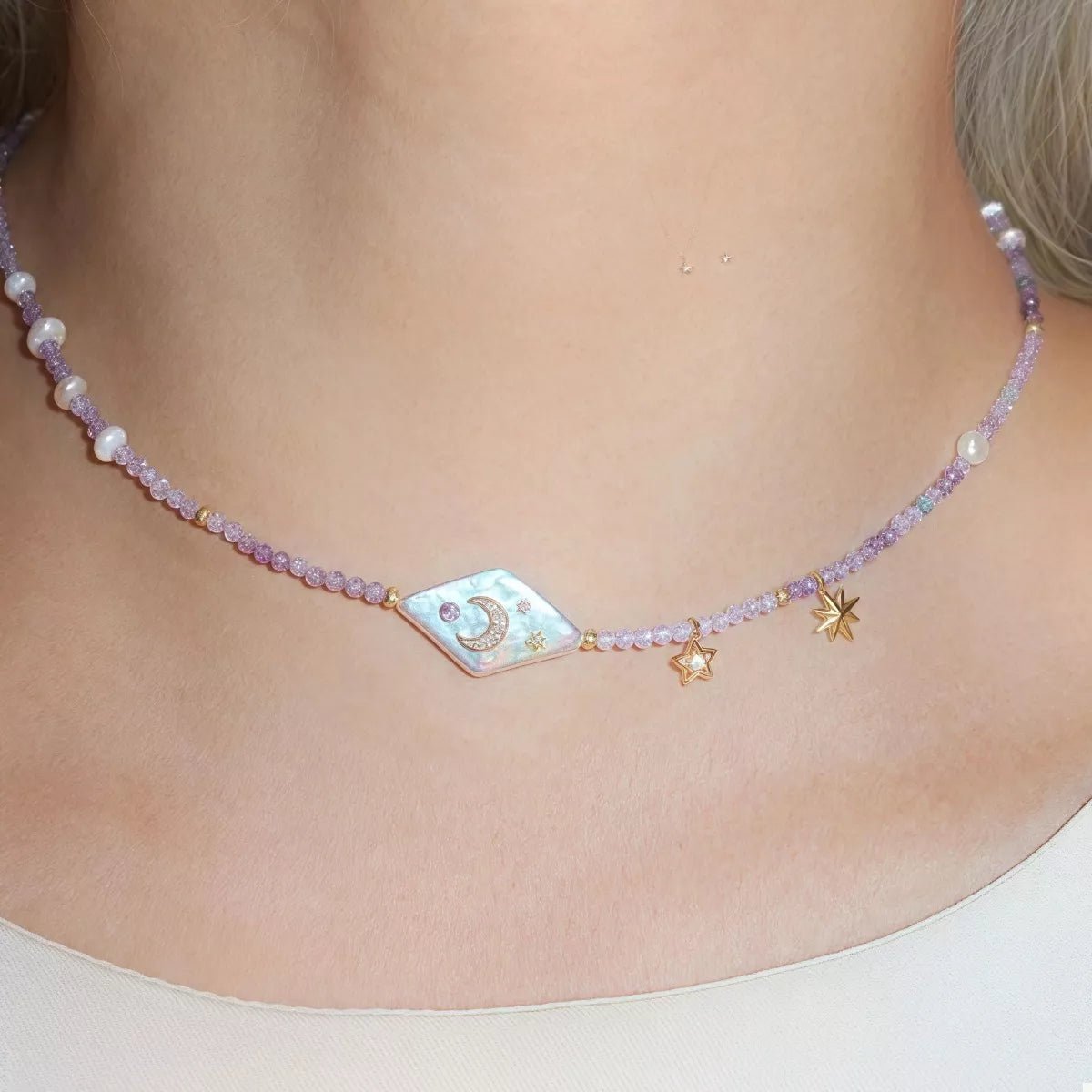 Necklace purple beaded pearl moon star gold plated charm - AMVIM