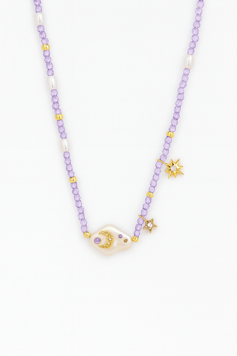 Necklace purple beaded pearl moon star gold plated charm - AMVIM