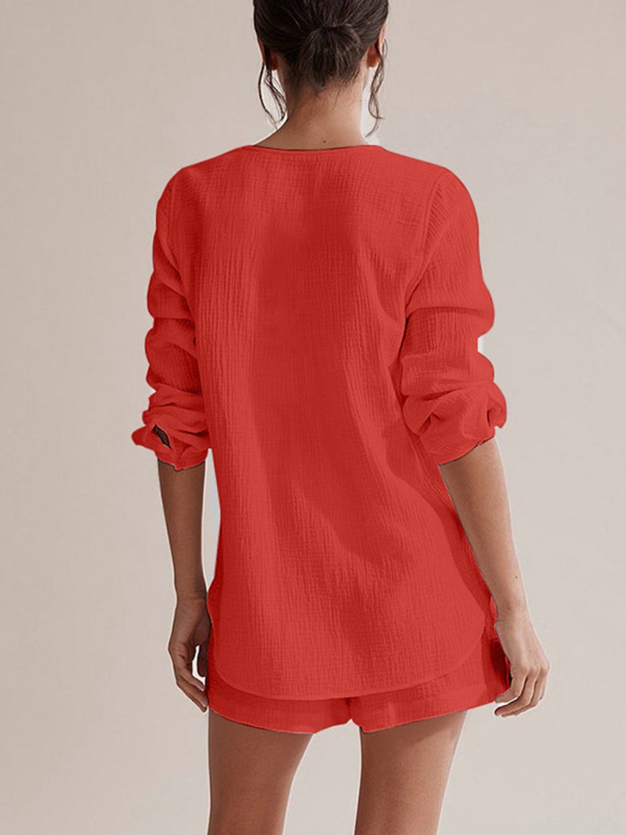 Notched Long Sleeve Top and Shorts Set - AMVIM