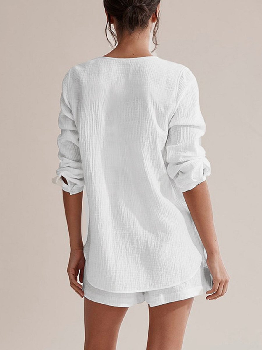 Notched Long Sleeve Top and Shorts Set - AMVIM