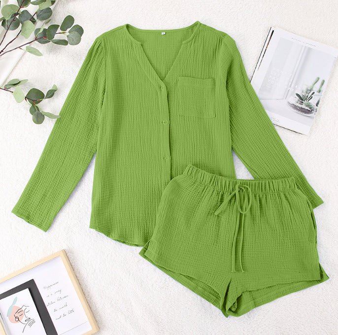 Notched Long Sleeve Top and Shorts Set - AMVIM