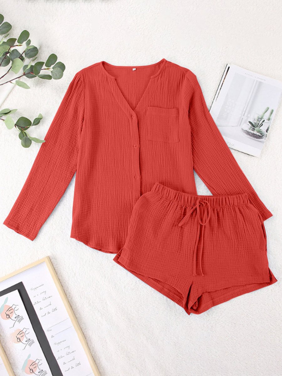 Notched Long Sleeve Top and Shorts Set - AMVIM