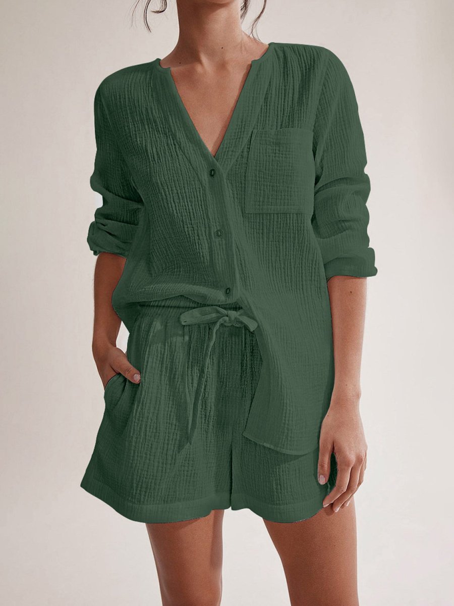 Notched Long Sleeve Top and Shorts Set - AMVIM