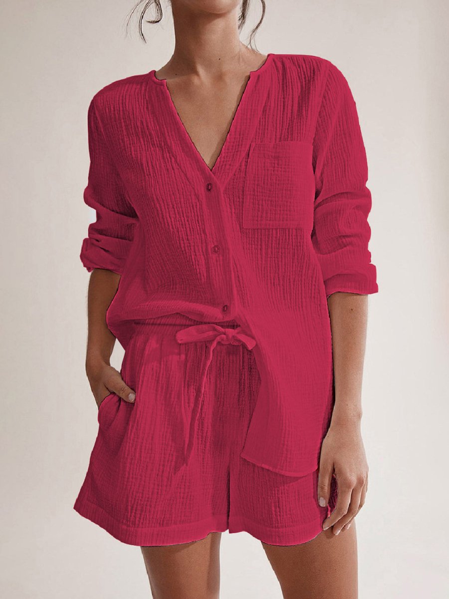 Notched Long Sleeve Top and Shorts Set - AMVIM