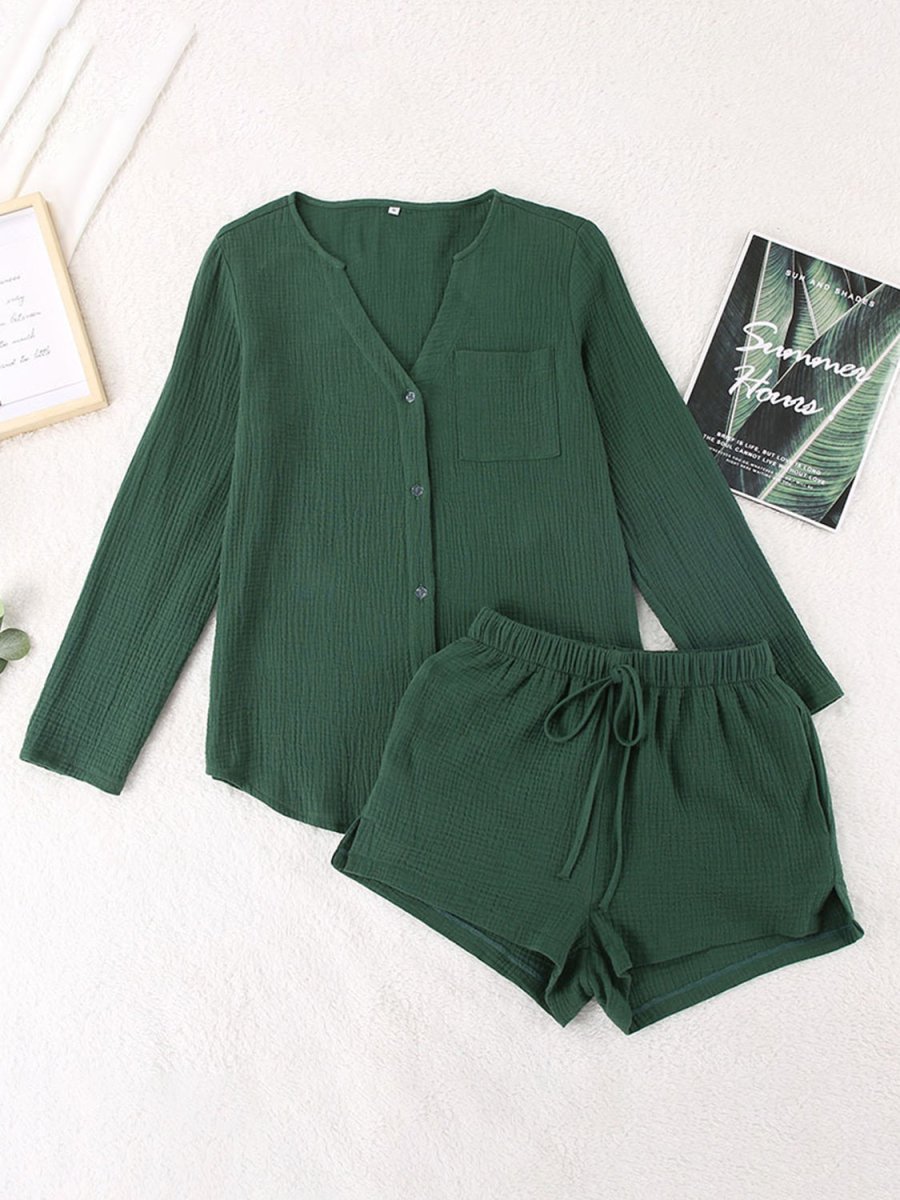 Notched Long Sleeve Top and Shorts Set - AMVIM