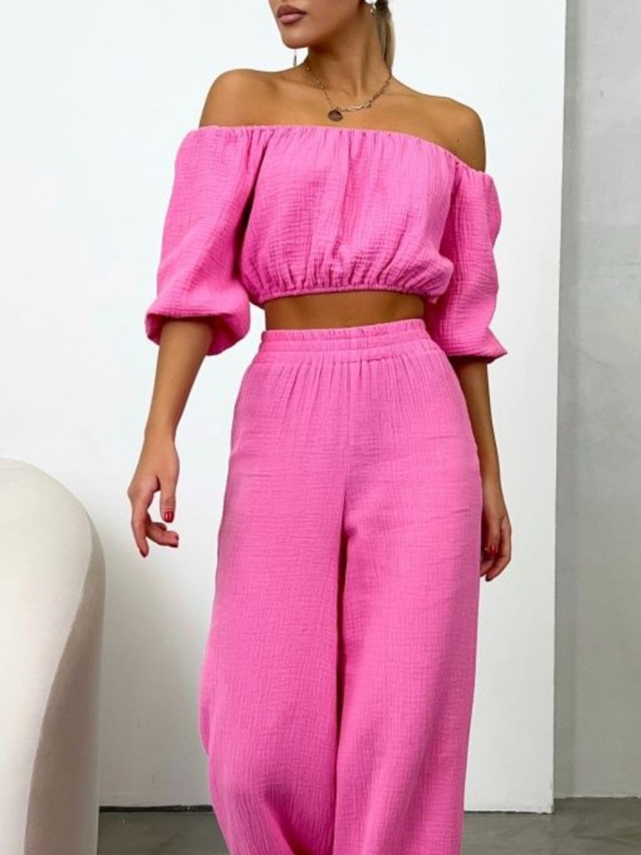 Off Shoulder Long Sleeve Top and Pants Set - AMVIM