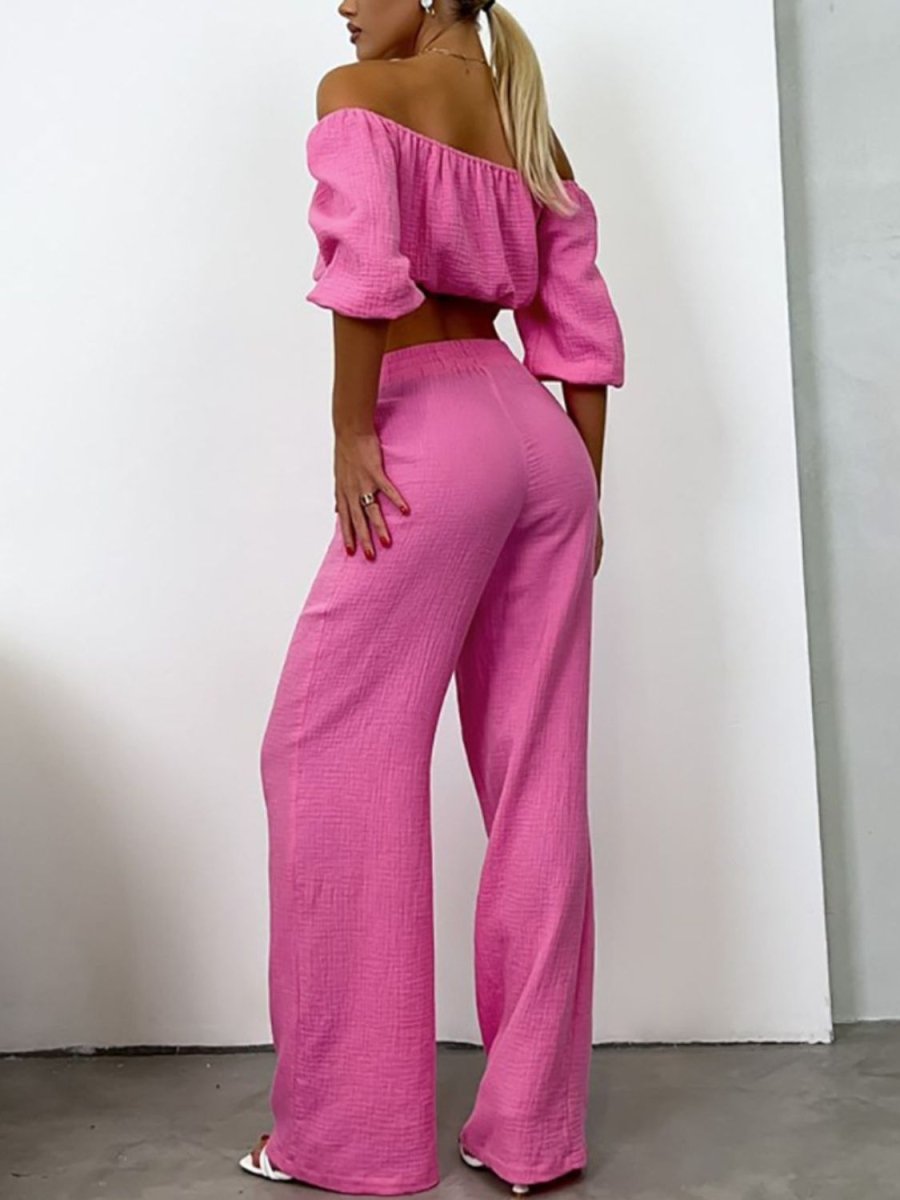 Off Shoulder Long Sleeve Top and Pants Set - AMVIM