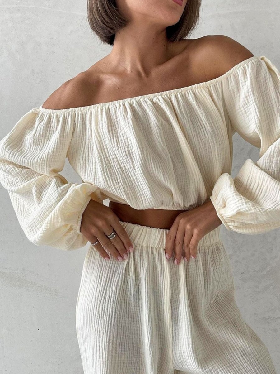 Off Shoulder Long Sleeve Top and Pants Set - AMVIM