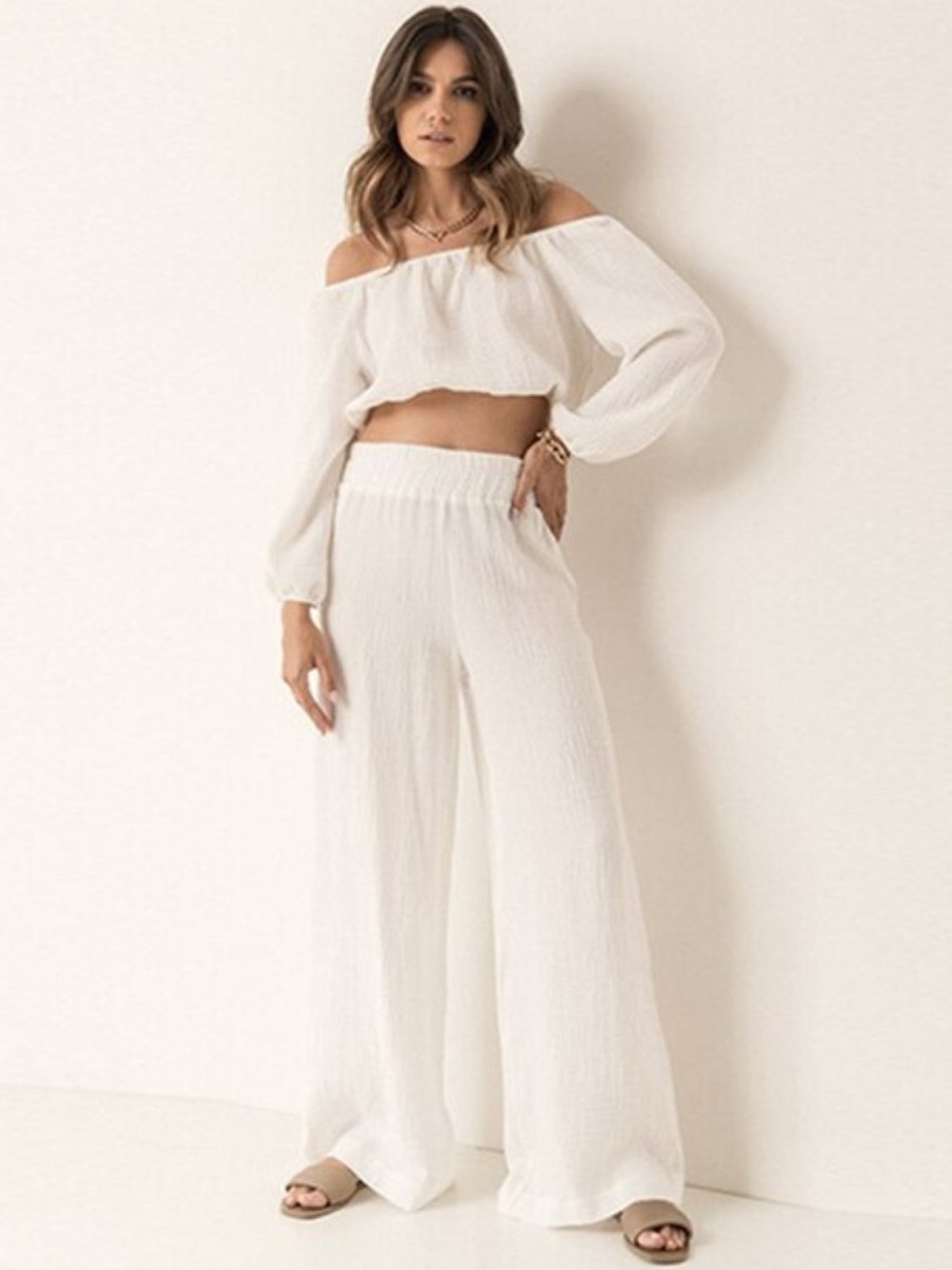 Off Shoulder Long Sleeve Top and Pants Set - AMVIM
