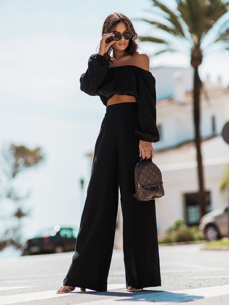 Off Shoulder Long Sleeve Top and Pants Set - AMVIM