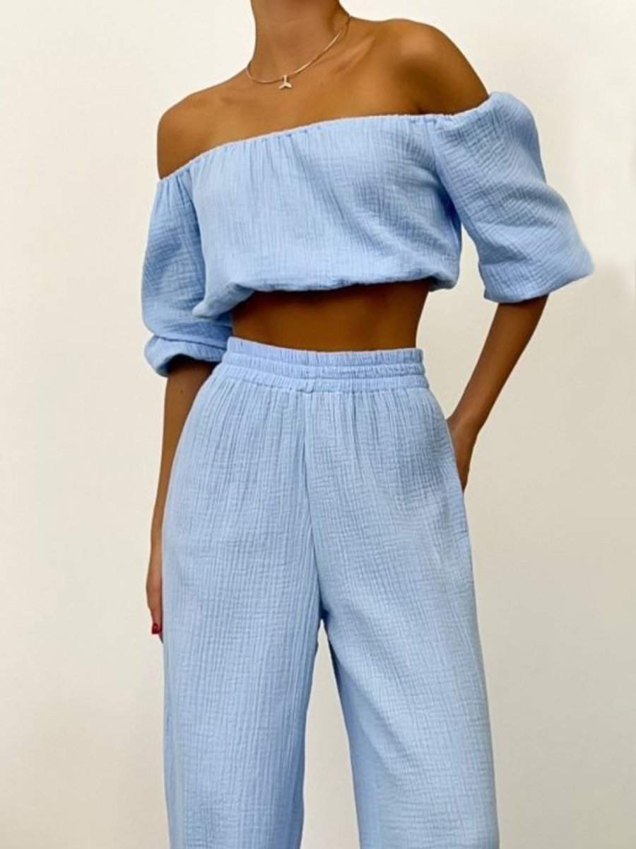 Off Shoulder Long Sleeve Top and Pants Set - AMVIM
