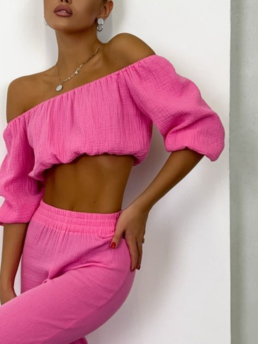 Off Shoulder Long Sleeve Top and Pants Set - AMVIM