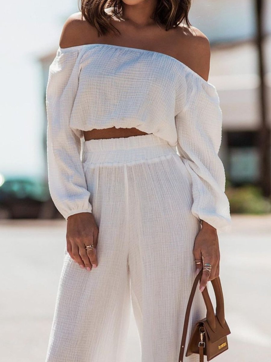 Off Shoulder Long Sleeve Top and Pants Set - AMVIM