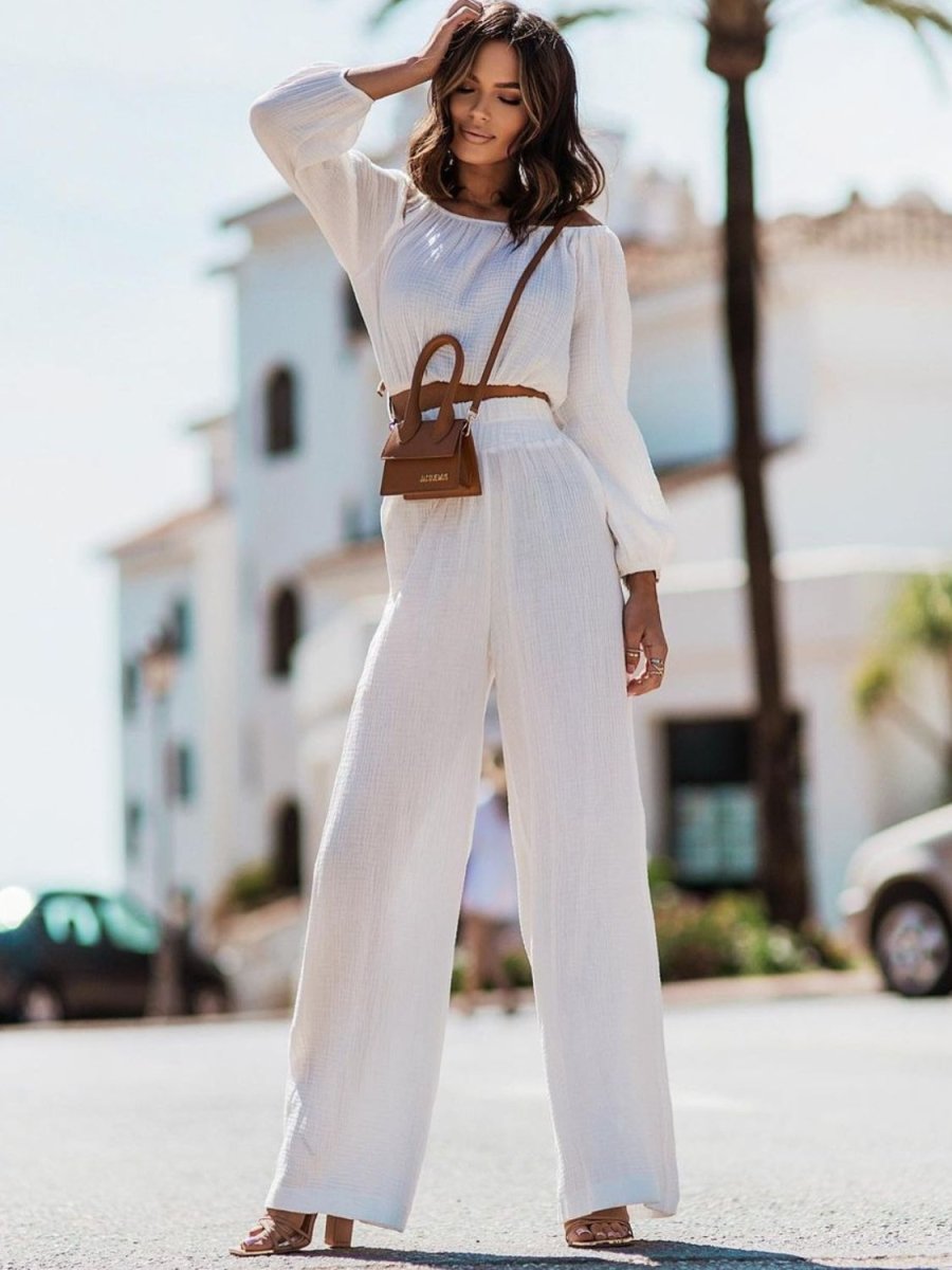 Off Shoulder Long Sleeve Top and Pants Set - AMVIM