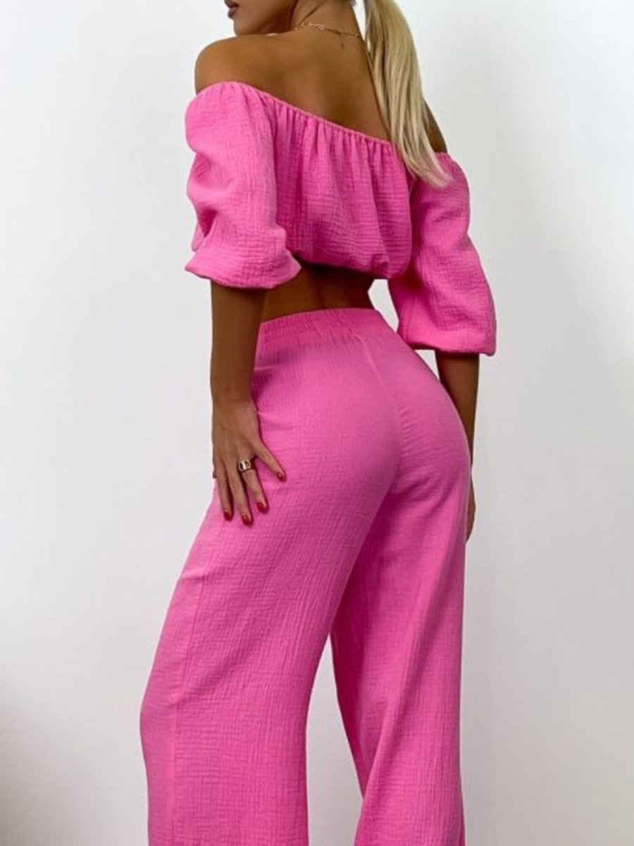Off Shoulder Long Sleeve Top and Pants Set - AMVIM