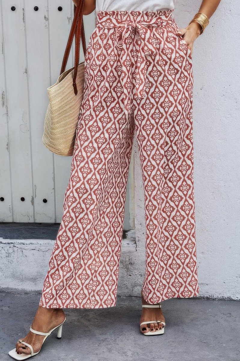 Pants wide leg elastic waist belted with pockets for travel - AMVIM