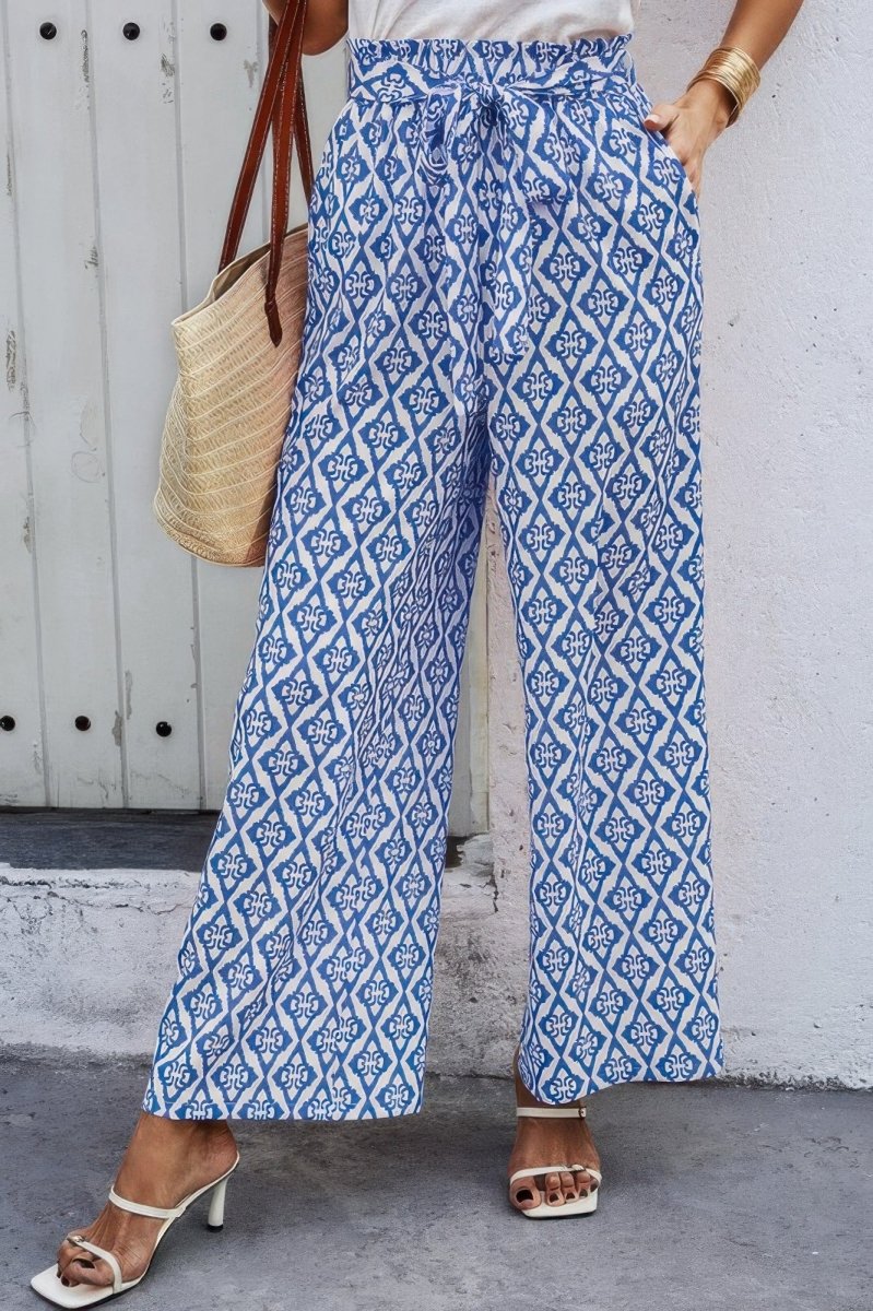 Pants wide leg elastic waist belted with pockets for travel - AMVIM