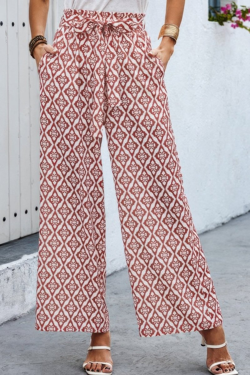 Pants wide leg elastic waist belted with pockets for travel - AMVIM