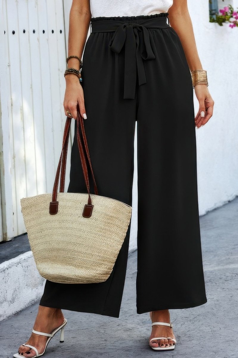 Pants wide leg elastic waist belted with pockets for travel - AMVIM