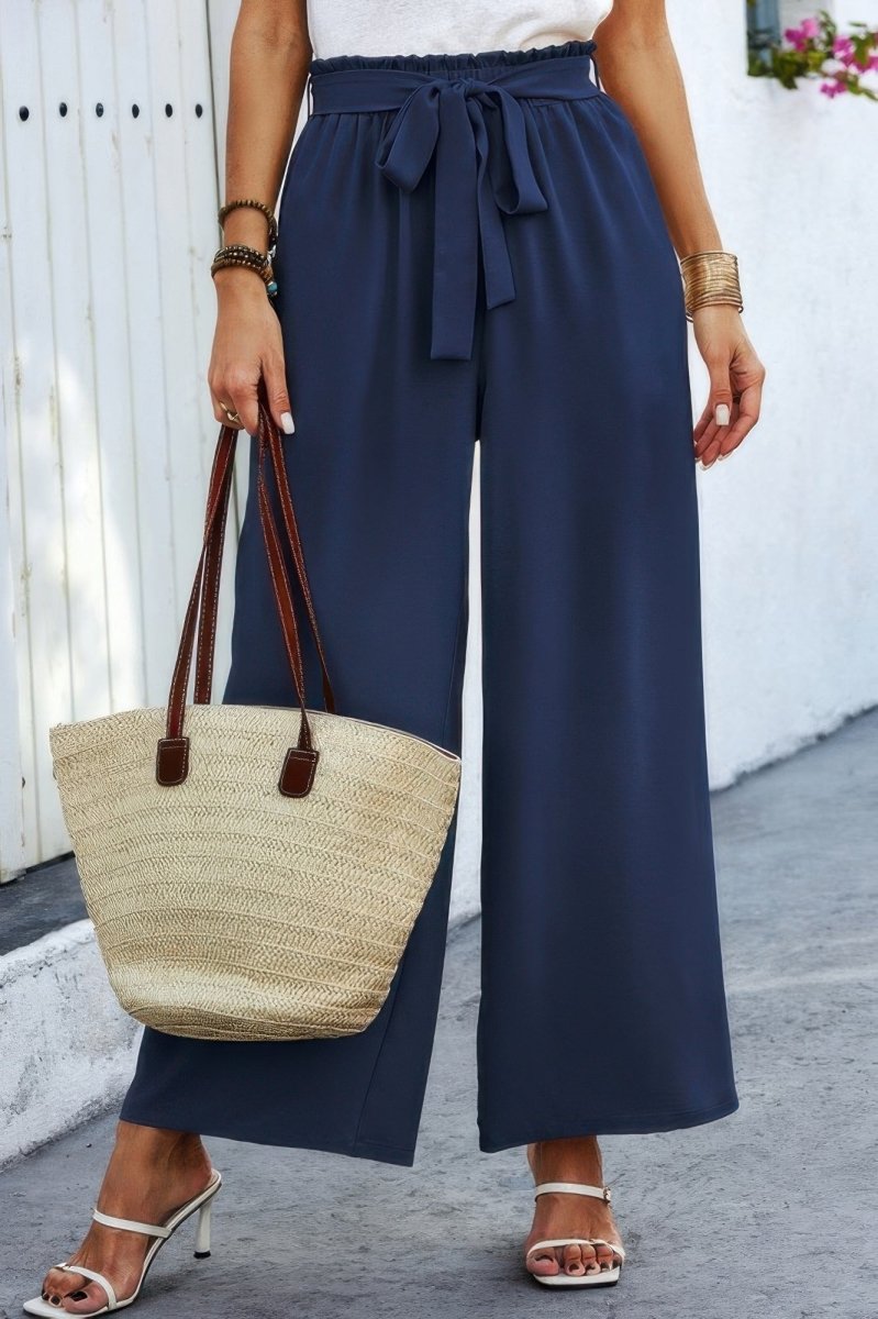 Pants wide leg elastic waist belted with pockets for travel - AMVIM
