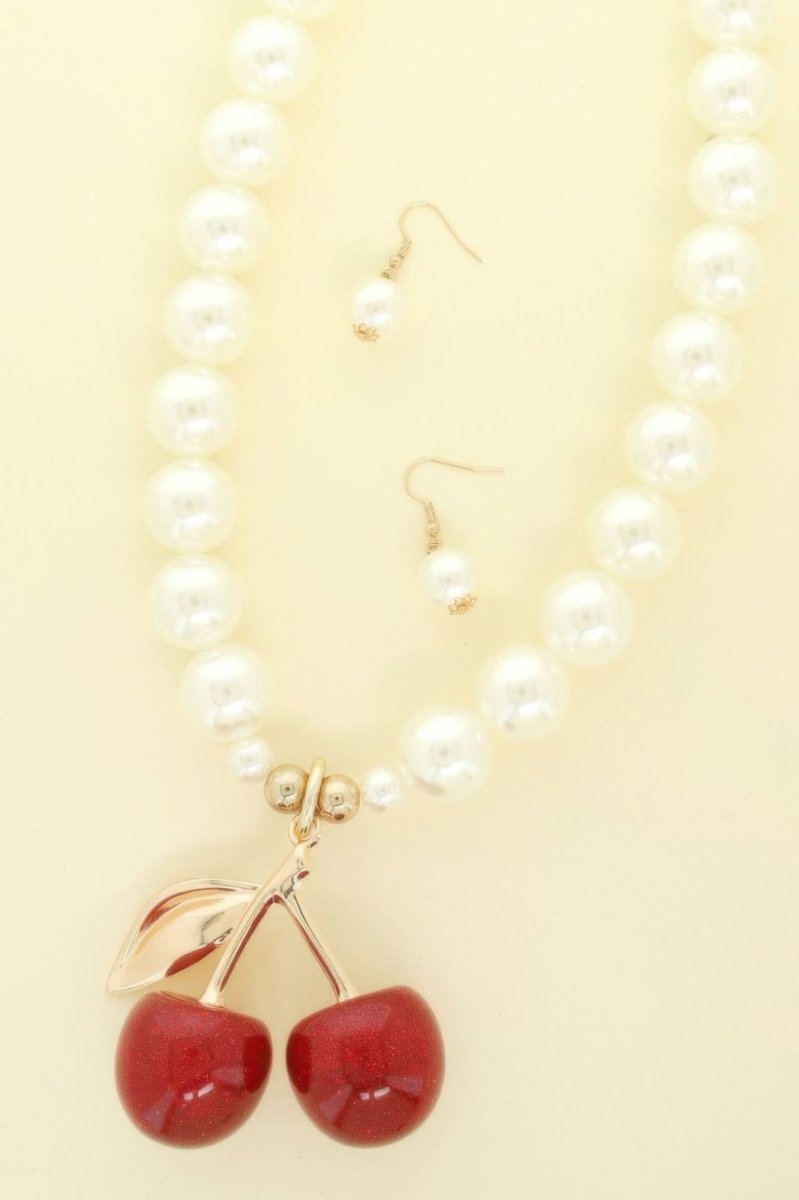 Pearl Cherry Pendant Necklace Set Vintage Style - AMVIM