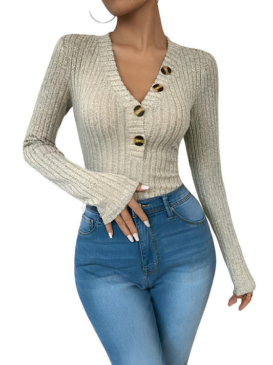 Perfee V - Neck Long Sleeve Bodysuit - AMVIM