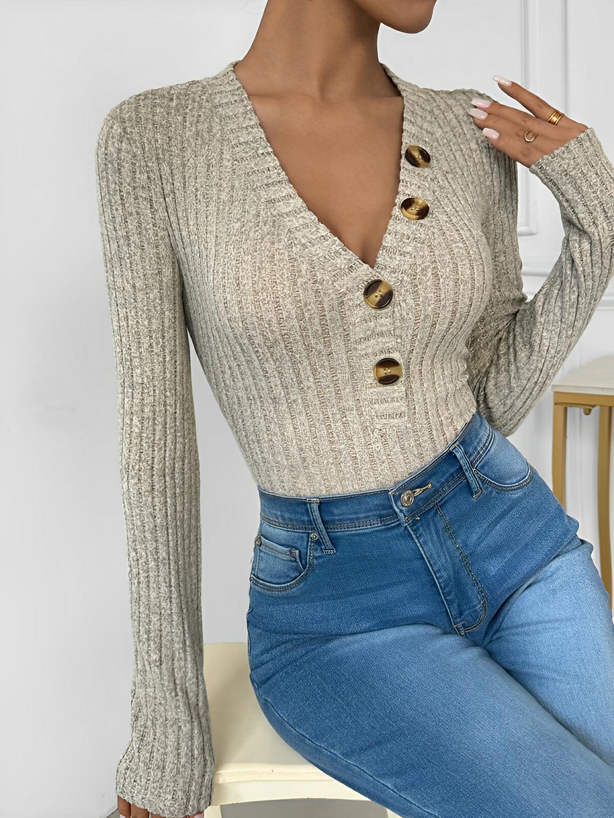 Perfee V - Neck Long Sleeve Bodysuit - AMVIM