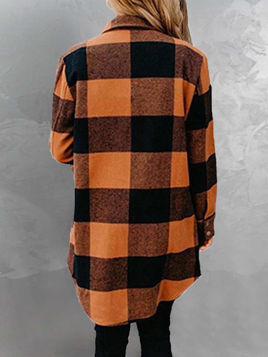 Plaid Snap Down Long Sleeve Jacket - AMVIM