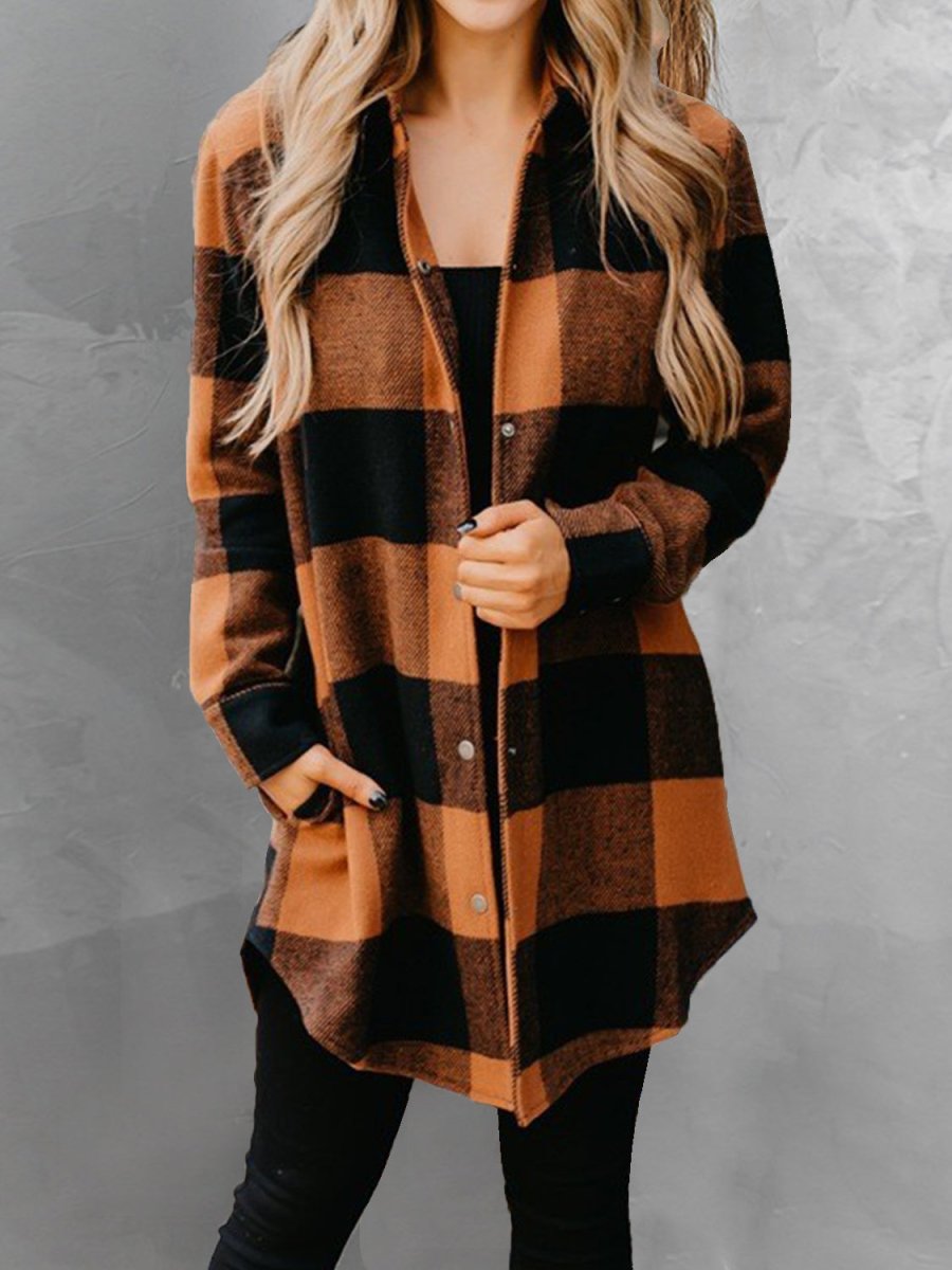 Plaid Snap Down Long Sleeve Jacket - AMVIM